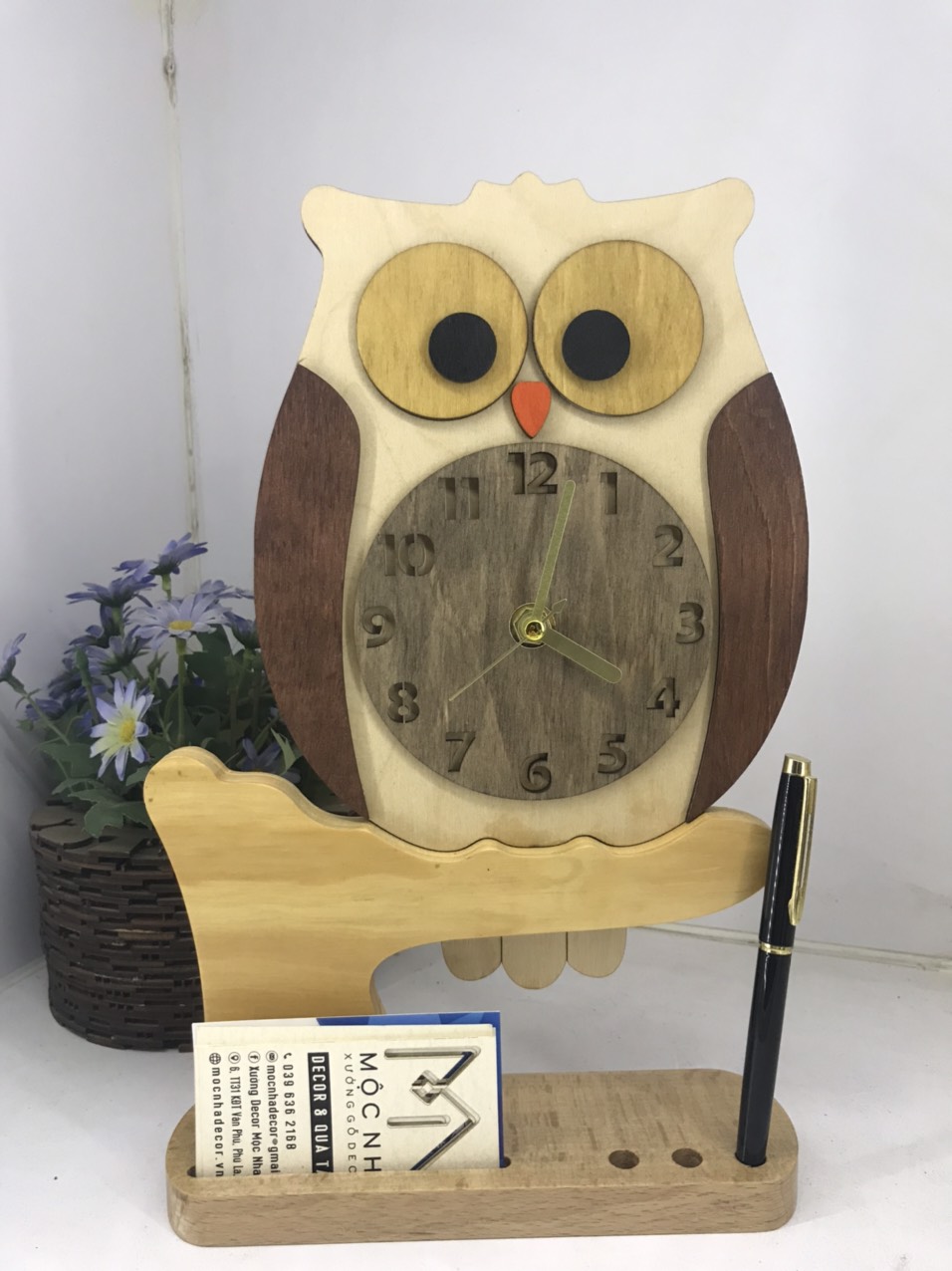Đồng hồ gỗ để bàn hình chim cú mèo